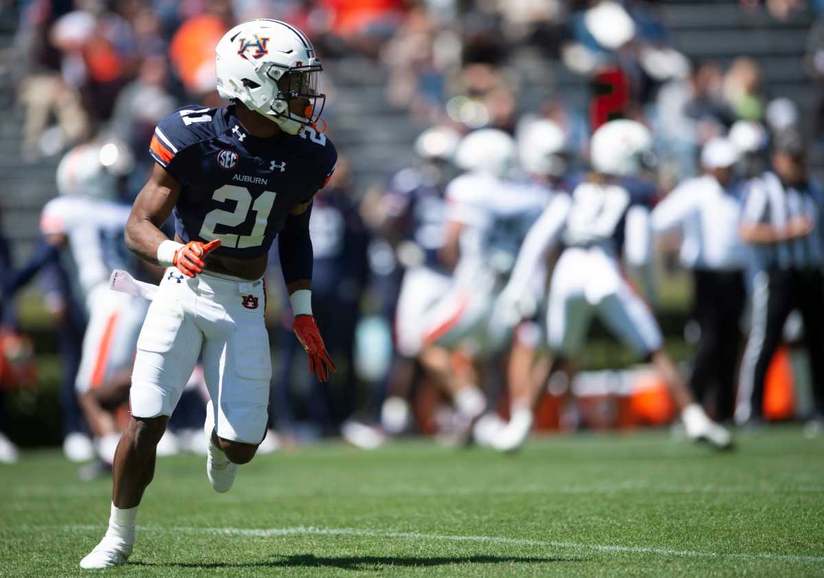 Auburn Tigers safety Caleb Wooden (21) drops back in coverage during the A-Day spring practice at Jordan-Hare Stadium in Auburn, Ala., on Saturday, April 9, 2022.