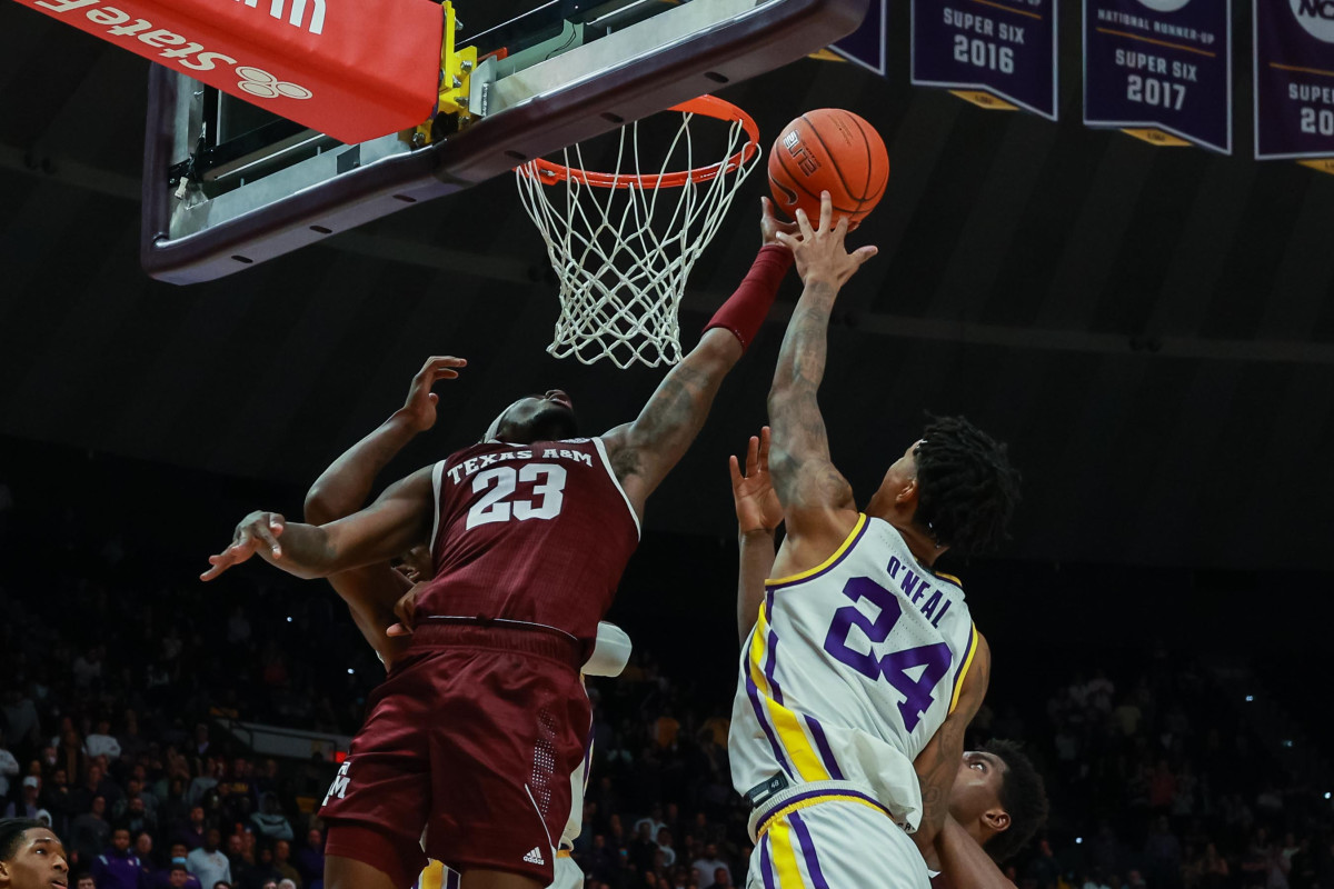 Shareef O'Neal puts on display his length, altering a shot from Texas A&M in the Pete Maravich Assembly Center. 