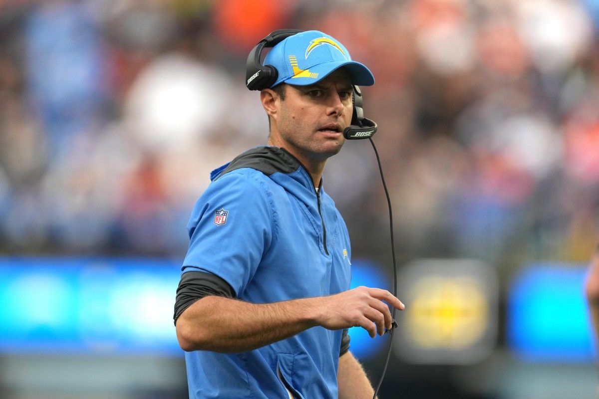 Los Angeles Chargers head coach Brandon Staley reacts against the Denver Broncos in the first half at SoFi Stadium.