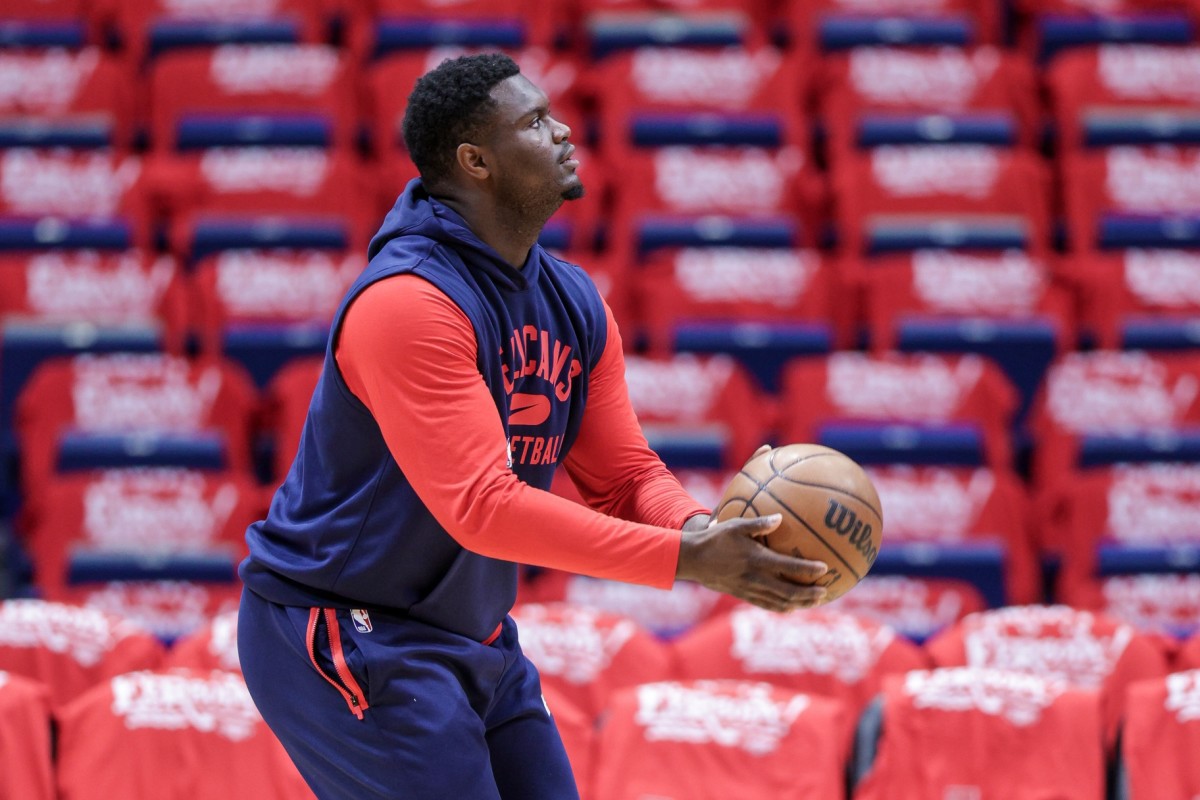 Apr 28, 2022; New Orleans, Louisiana, USA; New Orleans Pelicans forward Zion Williamson (1) shoots a jump shot during warm-ups before game six against the Phoenix Suns in the first round of the 2022 NBA playoffs at Smoothie King Center. Mandatory Credit: Stephen Lew-USA TODAY Sports