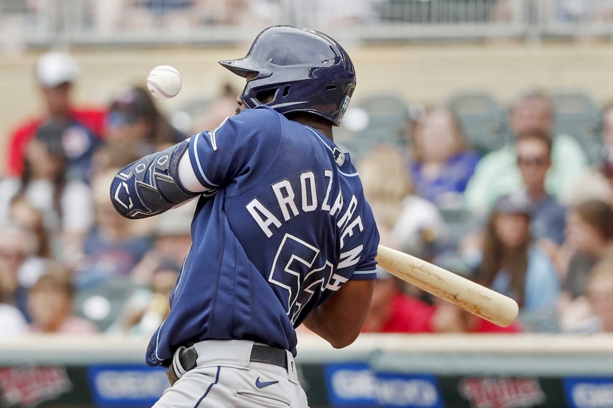 Tampa Bay Rays left fielder Randy Arozarena (56) gets hit by a pitch by the Minnesota Twins in the fourth inning at Target Field. (Bruce Kluckhohn-USA TODAY Sports)