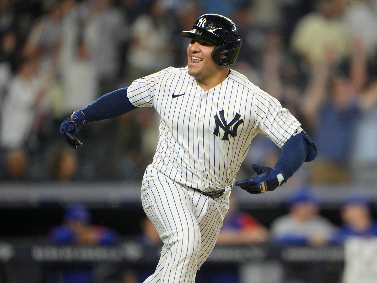Jun 10, 2022; Bronx, New York, USA; New York Yankees catcher Jose Trevino (39) reacts to getting the game winning hit during the thirteenth inning against the Chicago Cubs at Yankee Stadium.