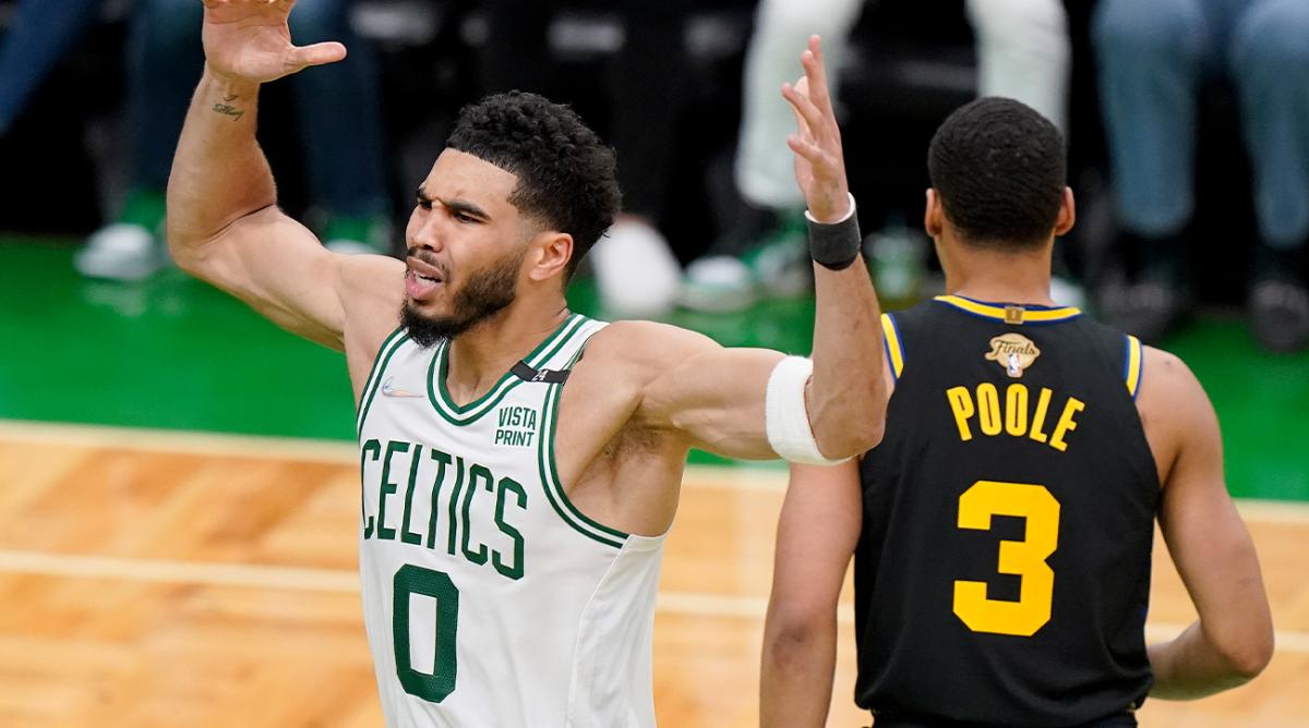 Boston Celtics forward Jayson Tatum (0) reacts during the fourth quarter of Game 4 of basketball’s NBA Finals against Golden State Warriors, Friday, June 10, 2022, in Boston.