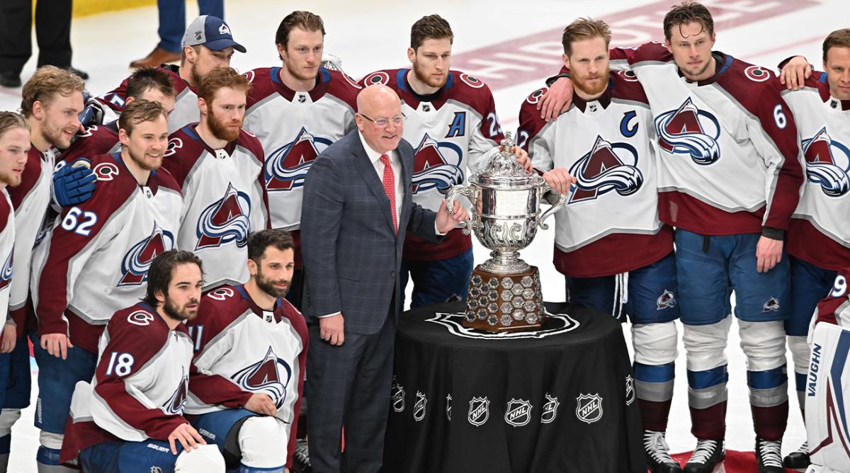 Jun 6, 2022; Edmonton, Alberta, CAN; The Colorado Avalanche stand with Deputy Commissioner Bill Daly before being presented with the Clarence S. Campbell Bowl in game four of the Western Conference Final of the 2022 Stanley Cup Playoffs at Rogers Place.