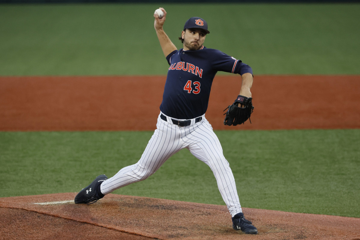 Jun 12, 2022; Corvallis, OR, USA; Auburn Tigers pitcher Chase Isbell (43) delivers a pitch in the 5th inning against the Oregon State Beavers during Game 2 of a NCAA Super Regional game at Coleman Field.