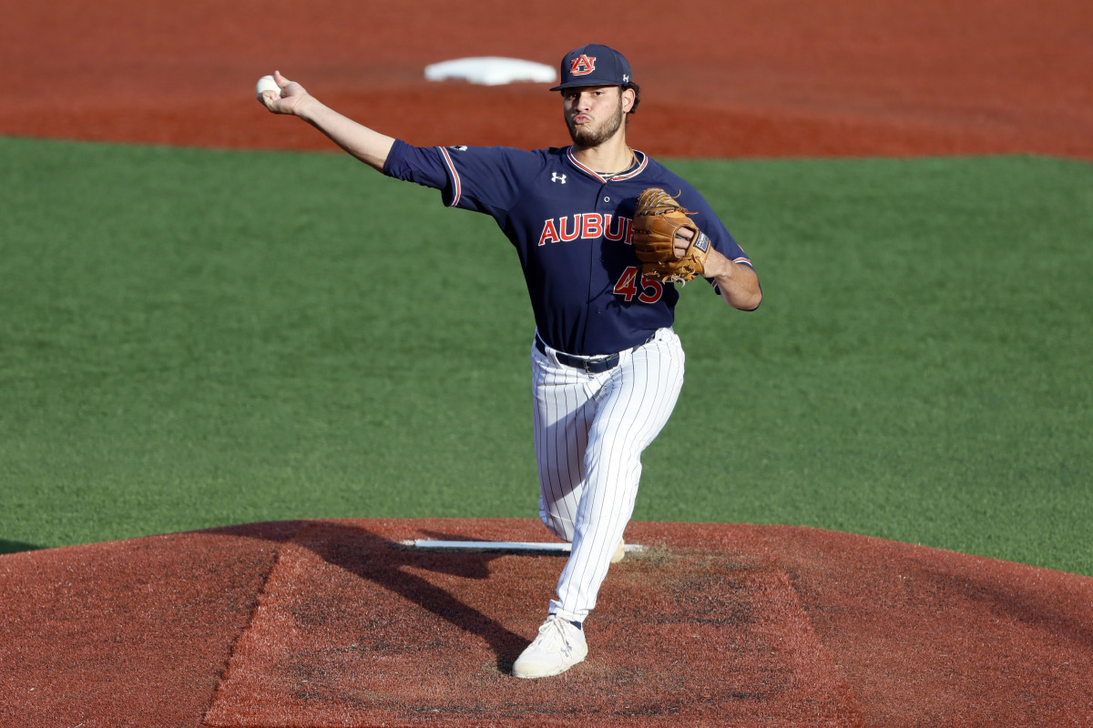 Jun 12, 2022; Corvallis, OR, USA; Auburn baseball pitcher Joseph Gonzalez (45) delivers a pitch in the 1st inning during Game 2 of a NCAA Super Regional Oregon State Beavers at Coleman Field.