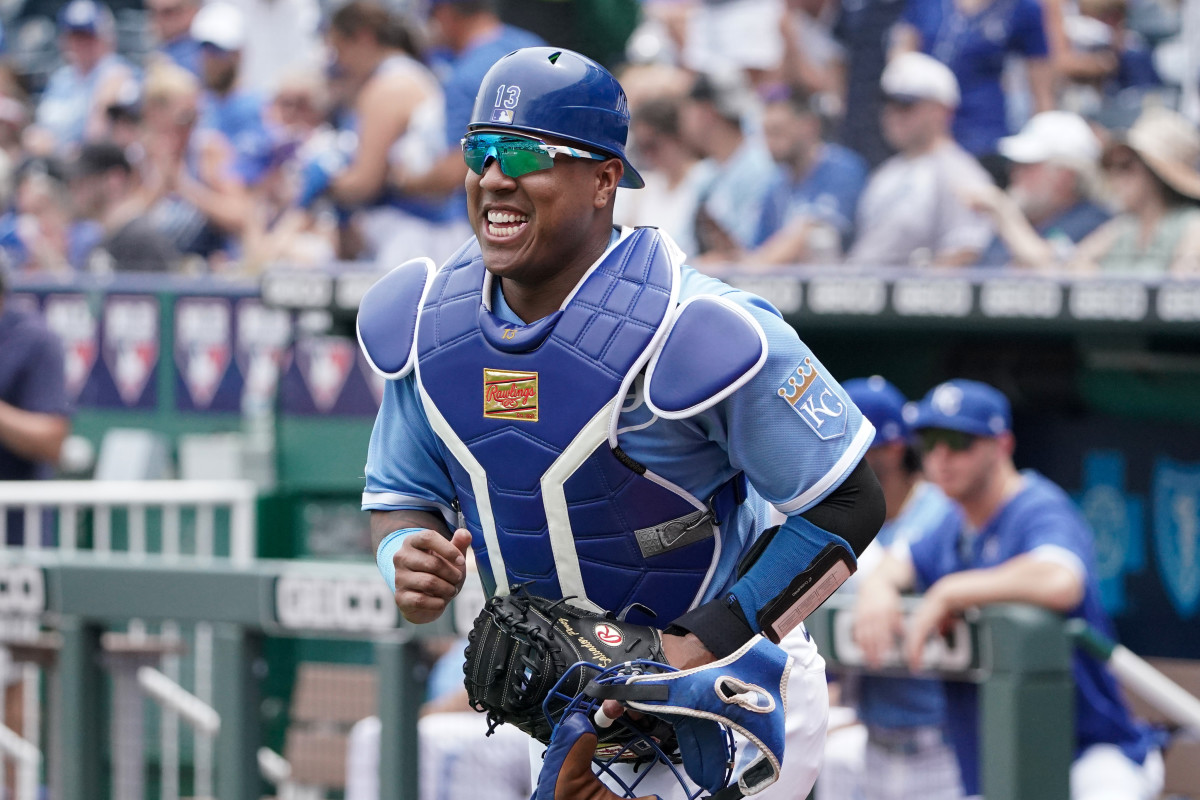 Jun 12, 2022; Kansas City, Missouri, USA; Kansas City Royals catcher Salvador Perez (13) takes the field against the Baltimore Orioles prior to the game against the Baltimore Orioles at Kauffman Stadium. Mandatory Credit: Denny Medley-USA TODAY Sports