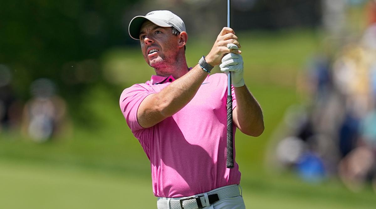 Rory McIlroy, of Northern Ireland, hits from the first fairway during the final round of the Memorial golf tournament Sunday, June 5, 2022, in Dublin, Ohio