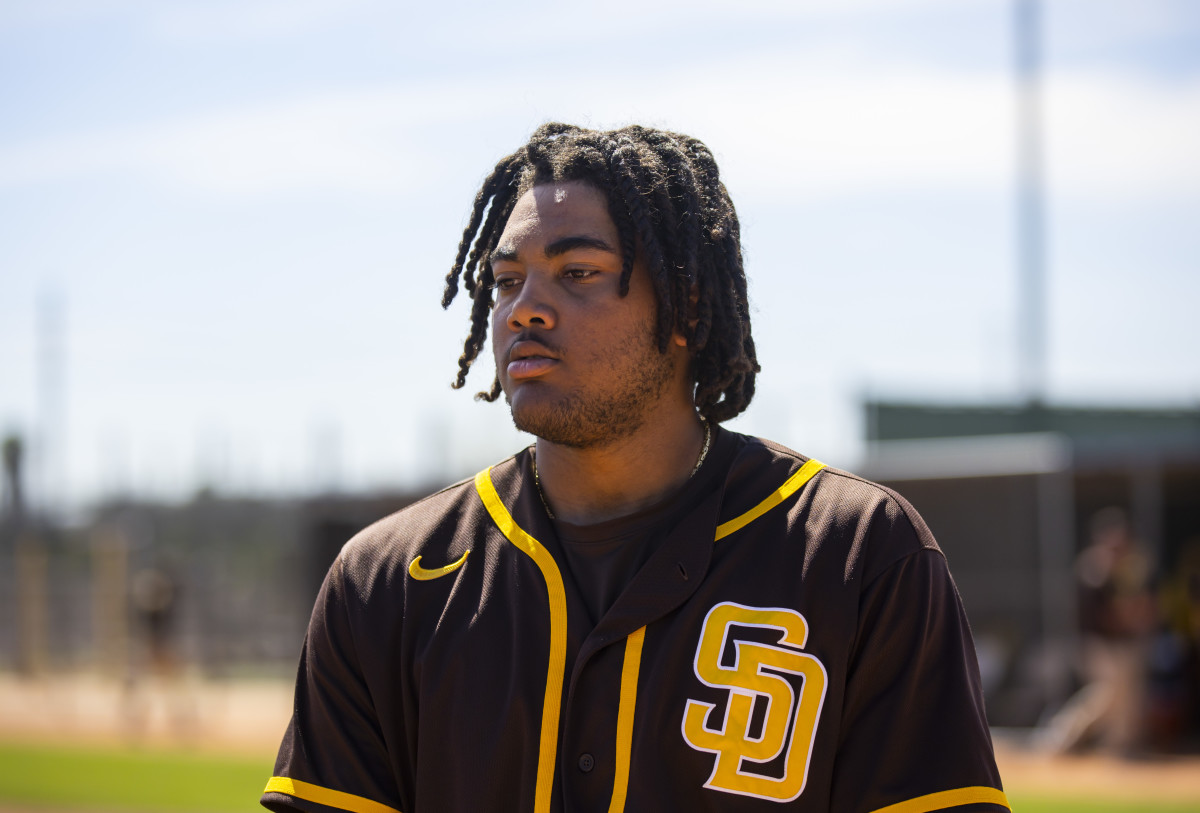 Mar 15, 2022; Peoria, AZ, USA; San Diego Padres outfielder James Wood during spring training workouts at the San Diego Padres Spring Training Complex. Mandatory Credit: Mark J. Rebilas-USA TODAY Sports