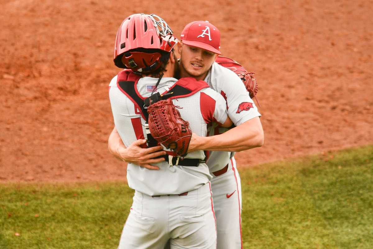 Arkansas pitcher Kevin Kopps (45) and catcher Casey Opitz (12) celebrate after Arkansas 3-20 in the Tennessee and Arkansas NCAA baseball game in Knoxville, Tenn. on Sunday, May 16, 2021. Kns Vols Arkansas Basebal