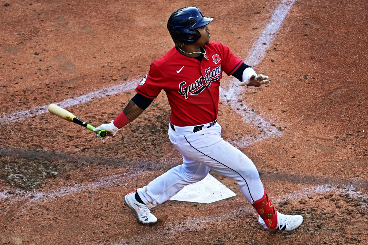 Cleveland Guardians’ Jose Ramirez watches his two-run home run off Kansas City Royals starting pitcher Jonathan Heasley in the fifth inning of a baseball game, Monday, May 30, 2022, in Cleveland.