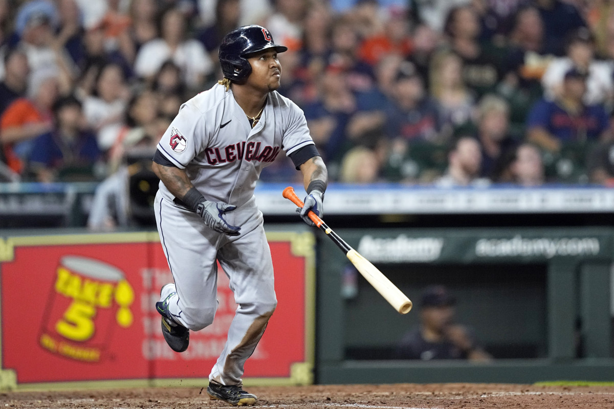 Cleveland Guardians’ Jose Ramirez watches his two-run home run against the Houston Astros during the fifth inning of a baseball game Monday, May 23, 2022, in Houston.