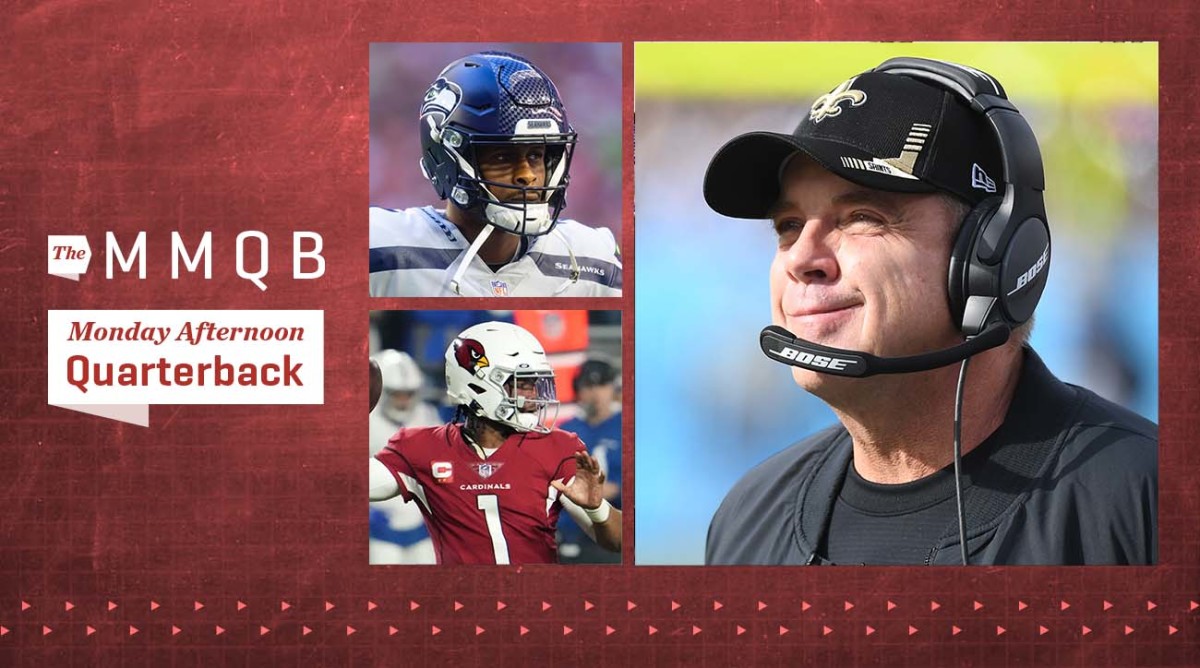 Sean Payton on sideline, Geno Smith between plays, Kyler Murray throwing the ball