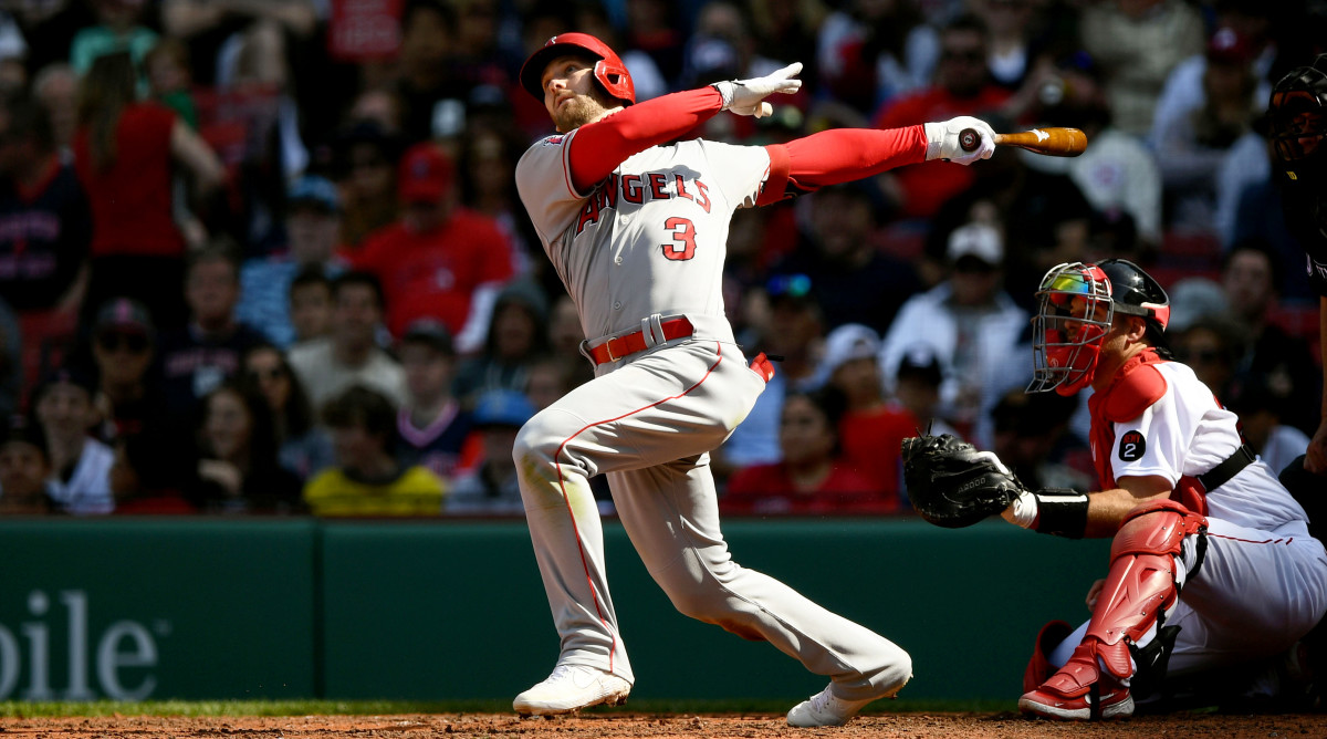 May 5, 2022; Boston, Massachusetts, USA; Los Angeles Angels right fielder Taylor Ward (3) watches the ball after hitting a single against the Boston Red Sox during the eighth inning at Fenway Park.