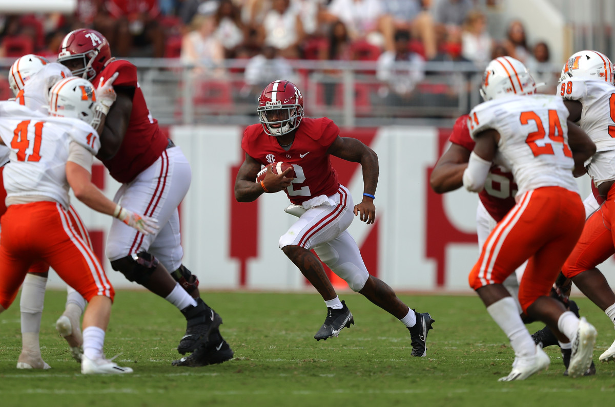 TUSCALOOSA, ALABAMA - SEPTEMBER 11: Jalen Milroe #2 of the Alabama Crimson Tide rushes against the Mercer Bears during the second half at Bryant-Denny Stadium on September 11, 2021 in Tuscaloosa, Alabama. (Photo by Kevin C. Cox/Getty Images)
