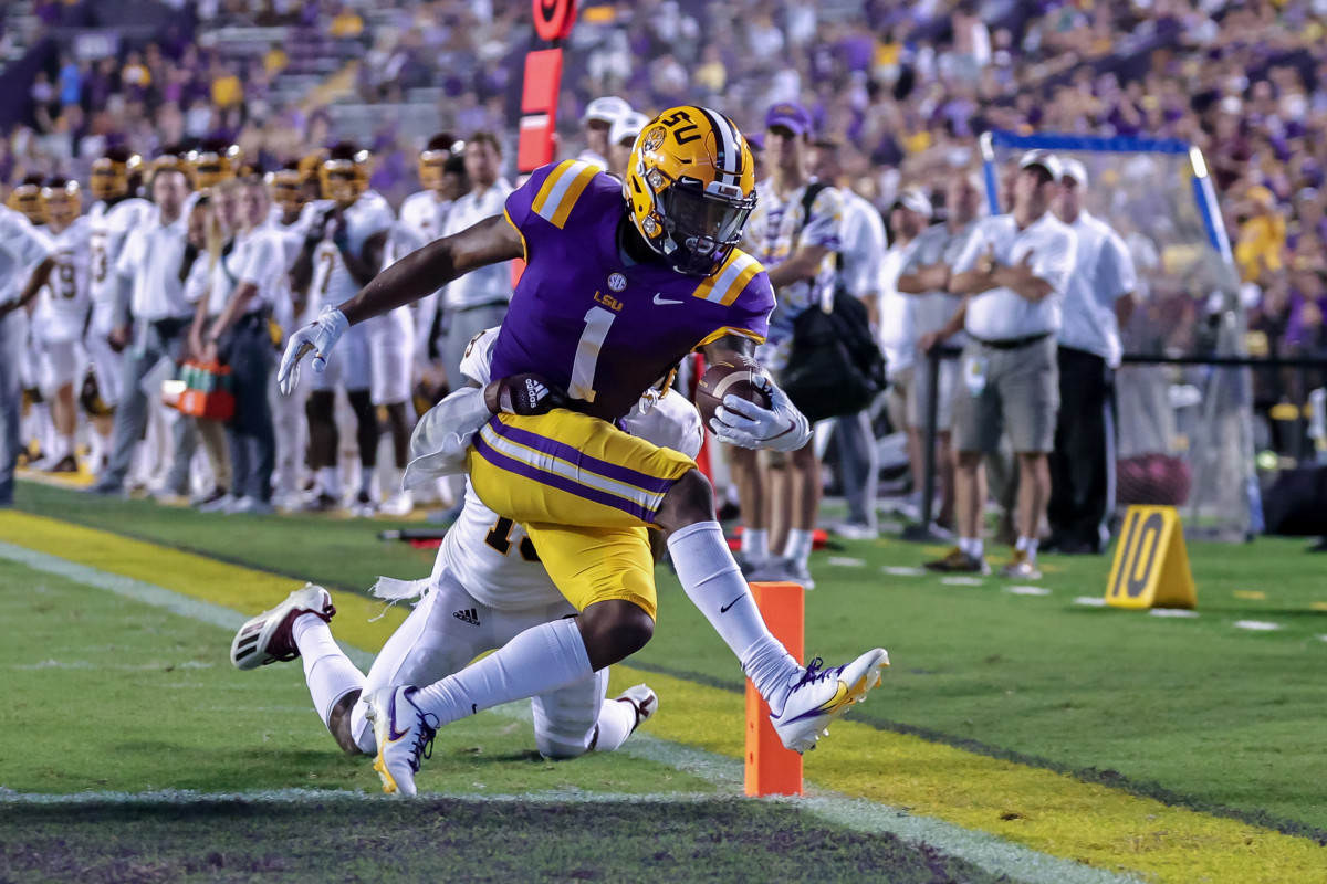 LSU wide receiver Kayshon Boutte punches in a touchdown for the Tigers against Central Michigan. 