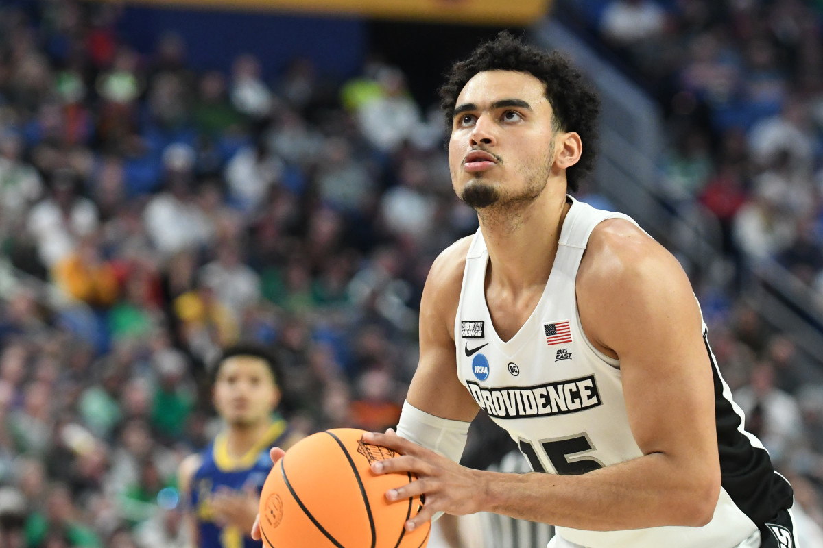 Providence Friars forward Justin Minaya (15) shoots a free throw against the South Dakota State Jackrabbits in the second half during the first round of the 2022 NCAA Tournament at KeyBank Center.