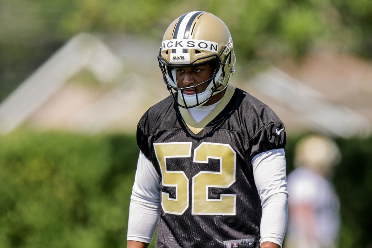 New Orleans Saints linebacker D'Marco Jackson (52) during rookie camp at the Saints Training Facility. Mandatory Credit: Stephen Lew-USA TODAY Sports