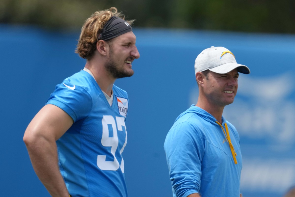 Jun 14, 2022; Costa Mesa, California, USA; Los Angeles Chargers defensive end Joey Bosa (97) and coach Brandon Staley during minicamp at the Hoag Performance Center. Mandatory Credit: Kirby Lee-USA TODAY Sports
