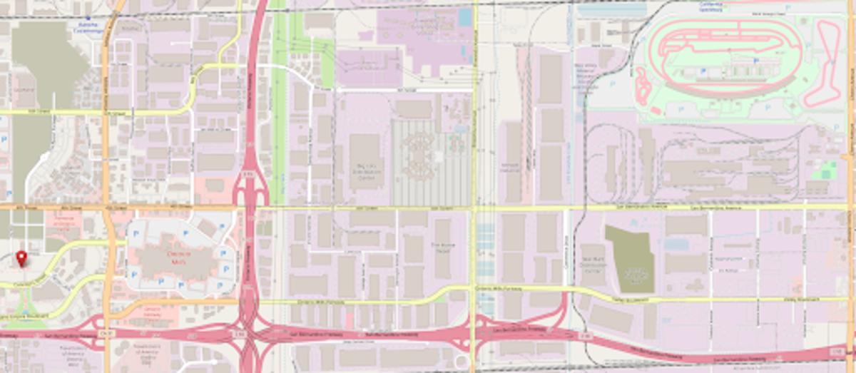 The approximate site of Ontario Motor Speedway. Note the proximity to today’s Auto Club Speedway on the upper right. See full size map here. Map: © OpenStreetMap contributors