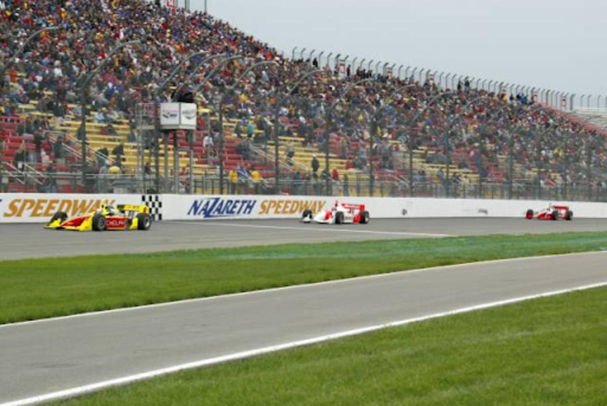 Better days at Nazareth Speedway as Scott Sharp leads this group in this 2002 photo. Photo: Indycar Photo Archives