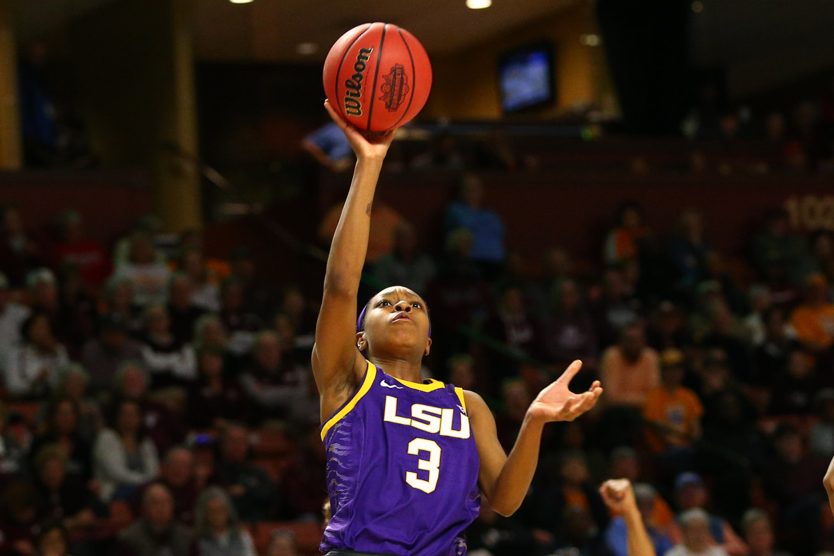 LSU guard Khayla Pointer shows off her touch against the Mississippi State Bulldogs in a conference battle. 