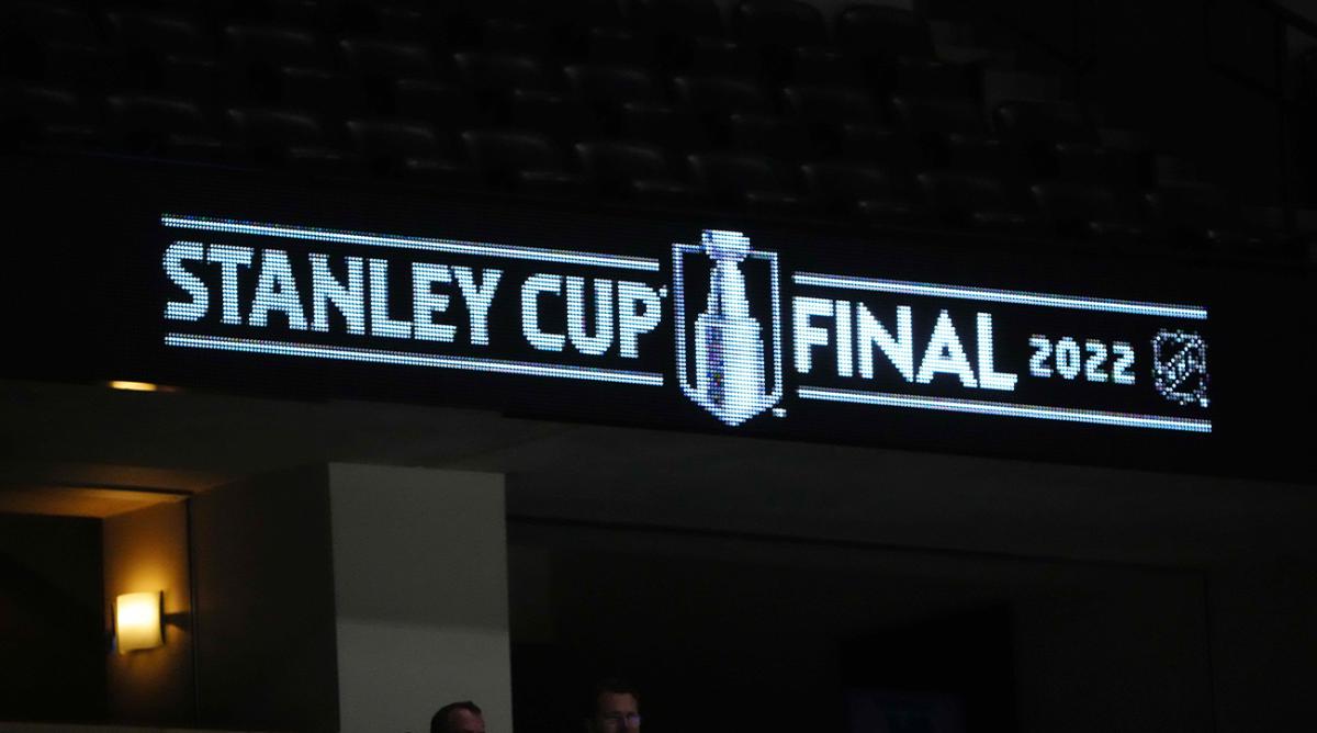 Jun 14, 2022; Denver, Colorado, USA; 2022 Stanley Cup Final signage inside of Ball Arena during media day between the Tampa Bay Lightning against the Colorado Avalanche.