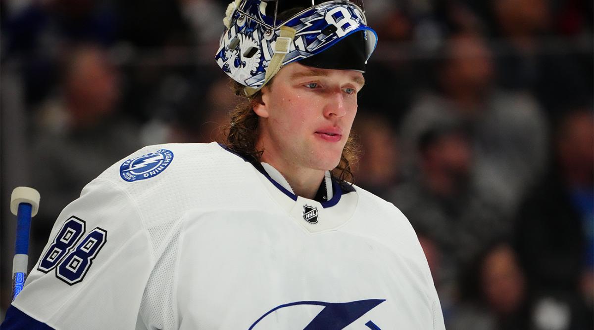 Feb 10, 2022; Denver, Colorado, USA; Tampa Bay Lightning goaltender Andrei Vasilevskiy (88) looks on during the second period against the Colorado Avalanche at Ball Arena.