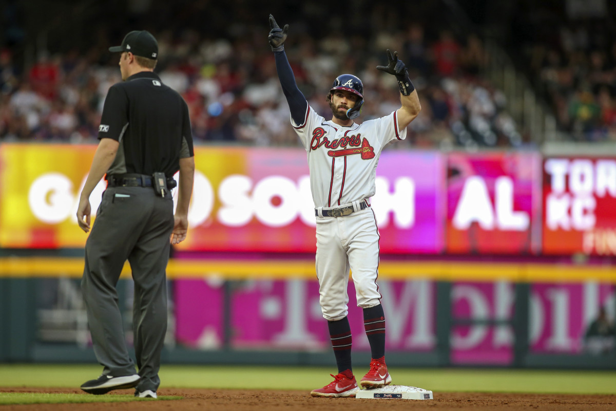 Jun 8, 2022; Atlanta, Georgia, USA; Atlanta Braves shortstop Dansby Swanson (7) celebrates after a double against the Oakland Athletics in the fourth inning at Truist Park.