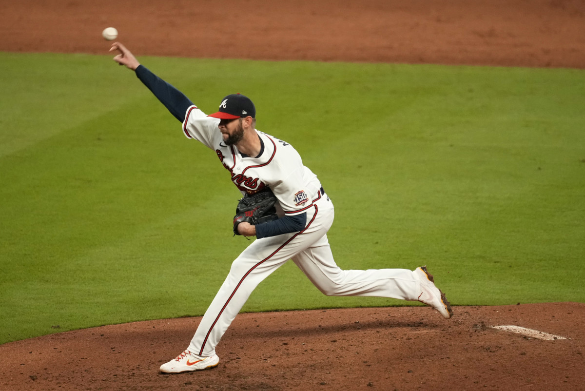 Chris Martin throws a pitch against the Houston Astros during the 2021 World Series.