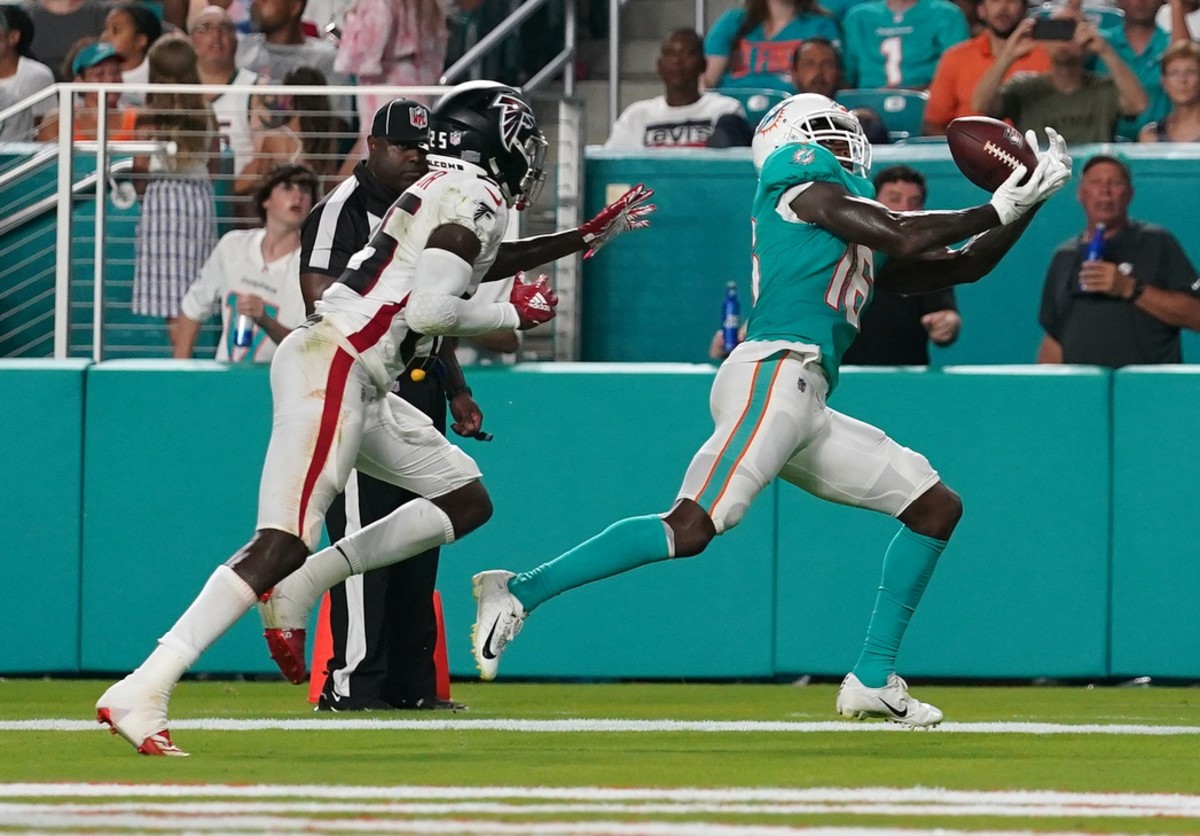 Aug 21, 2021; Miami Gardens, Florida, USA; Miami Dolphins wide receiver Robert Foster (16) makes a catch for a touchdown against the Atlanta Falcons during the second half at Hard Rock Stadium.