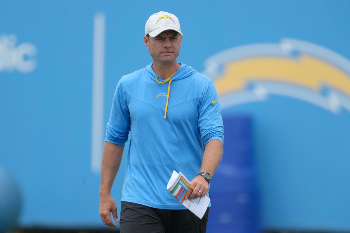 Jun 14, 2022; Costa Mesa, California, USA; Los Angeles Chargers coach Brandon Staley during minicamp at the Hoag Performance Center. Mandatory Credit: Kirby Lee-USA TODAY Sports