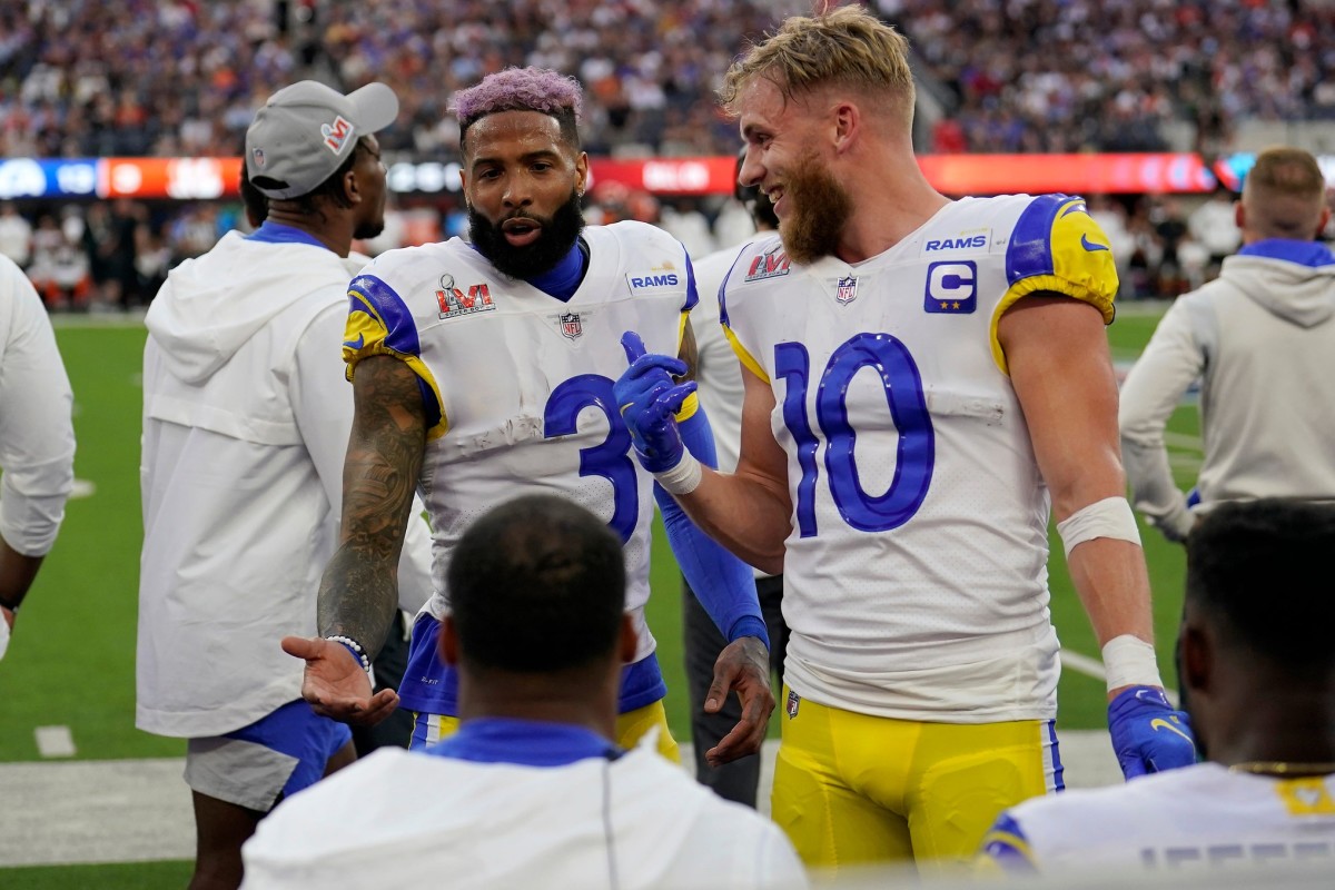 Los Angeles Rams wide receiver Odell Beckham Jr. (3) and wide receiver Cooper Kupp (10) laugh on the sidelines the second quarter of Super Bowl 56 between the Cincinnati Bengals and the Los Angeles Rams at SoFi Stadium in Inglewood, Calif., on Sunday, Feb. 13, 2022. The Rams came back in the final minutes of the game to win 23-20 on their home field. Super Bowl 56 Cincinnati Bengals Vs La Rams