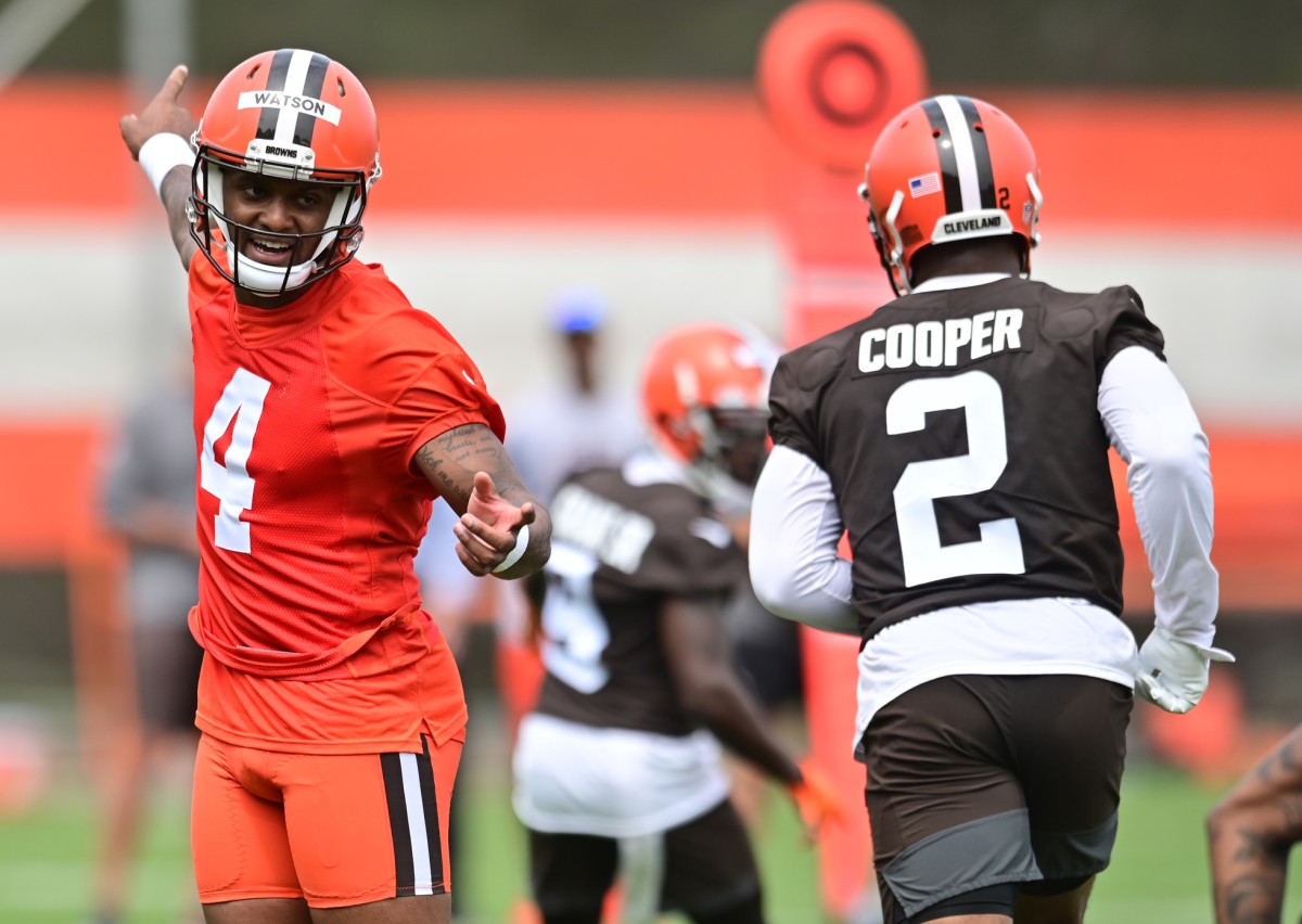 May 25, 2022; Berea, OH, USA; Cleveland Browns quarterback Deshaun Watson (4) runs the offense with wide receiver Amari Cooper (2) during organized team activities at CrossCountry Mortgage Campus. Mandatory Credit: Ken Blaze-USA TODAY Sports