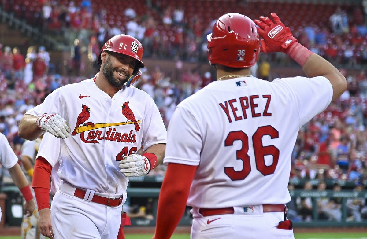Jun 14, 2022; St. Louis, Missouri, USA; St. Louis Cardinals first baseman Paul Goldschmidt (46) celebrates with left fielder Juan Yepez (36) after hitting a three run home run for his second home run of the game against the Pittsburgh Pirates during the second inning at Busch Stadium. Mandatory Credit: Jeff Curry-USA TODAY Sports