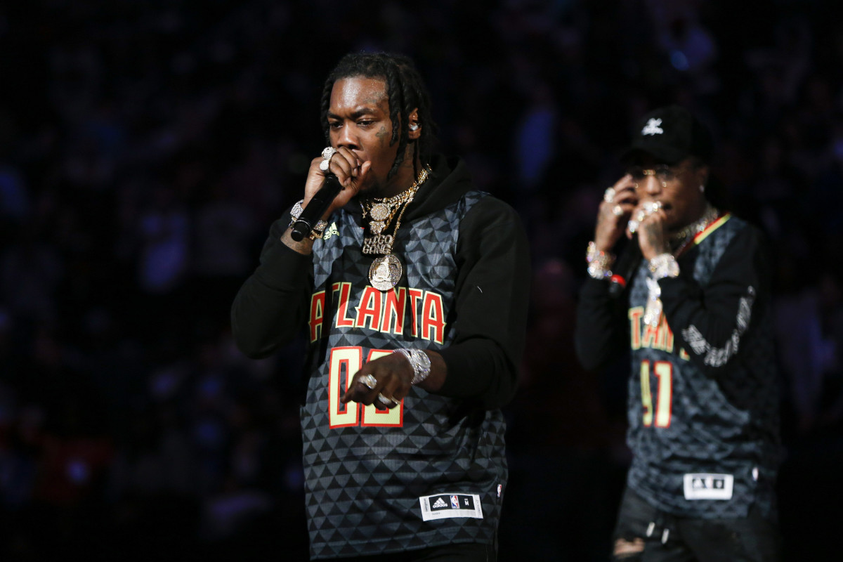 Offset from the hip-hop group Migos performs during halftime of a game between the Memphis Grizzlies and Atlanta Hawks at Philips Arena.