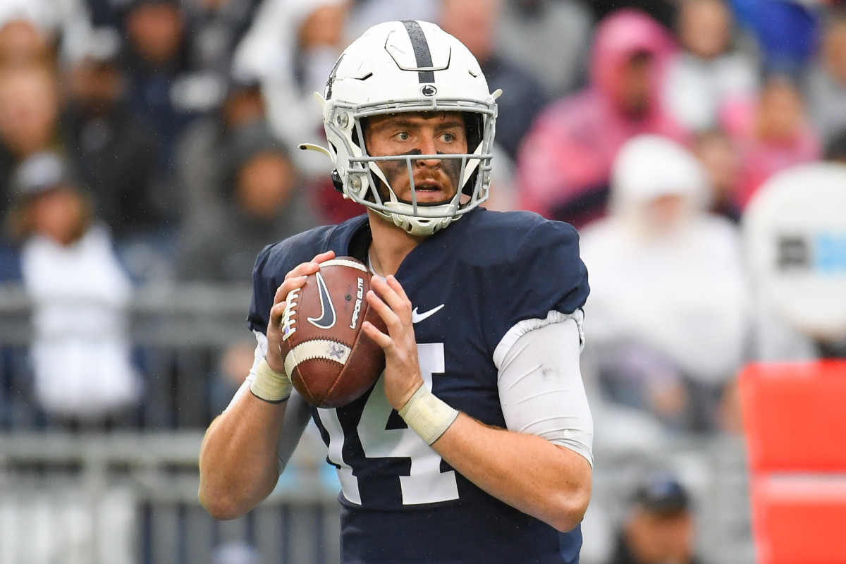 Oct 23, 2021; University Park, Pennsylvania, USA; Penn State Nittany Lions quarterback Sean Clifford (14) against the Illinois Fighting Illini during the first half at Beaver Stadium. Mandatory Credit: Rich Barnes-USA TODAY Sports