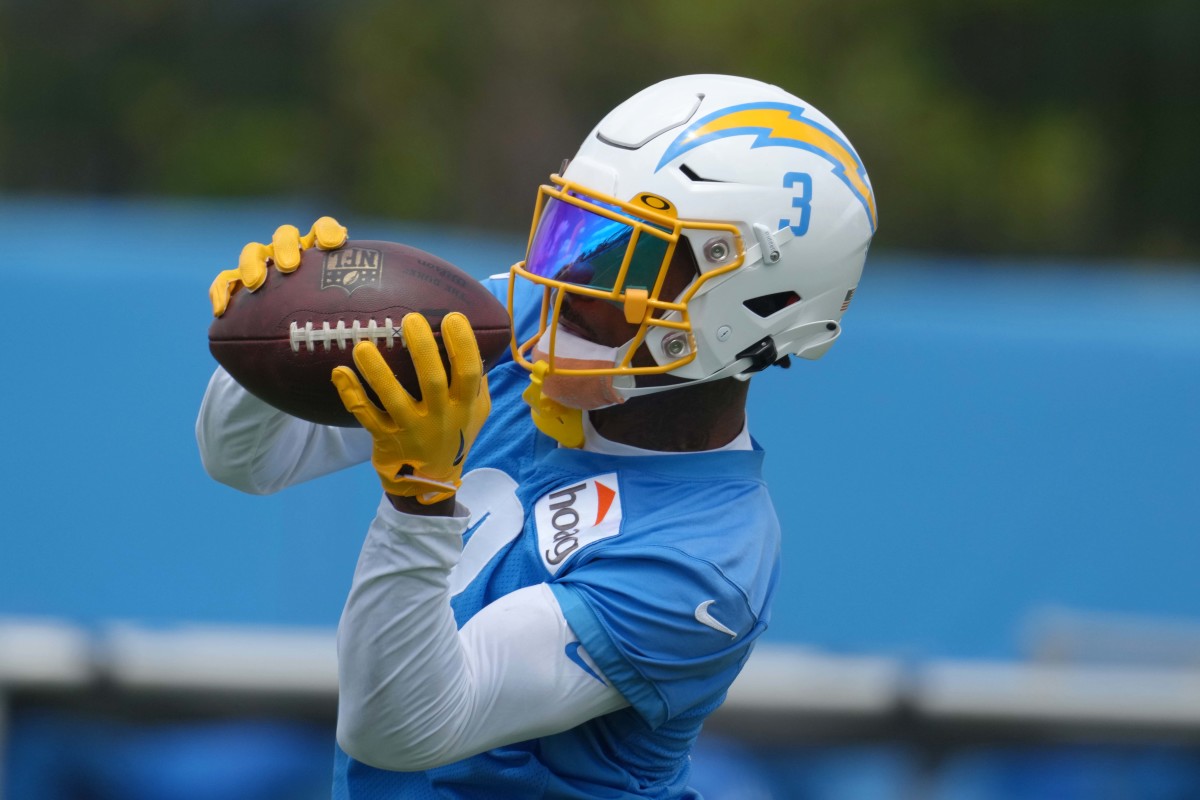 Jun 14, 2022; Costa Mesa, California, USA; Los Angeles Chargers safety Derwin James Jr. (3) catches the ball during minicamp at the Hoag Performance Center. Mandatory Credit: Kirby Lee-USA TODAY Sports