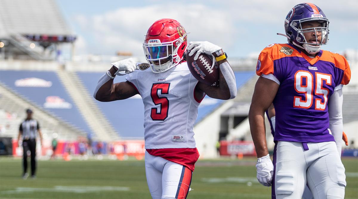 May 7, 2022; Birmingham, AL, USA; New Jersey Generals wide receiver KaVontae Turpin (5) celebrates a touchdown run against the Pittsburgh Maulers during the first half at Protective Stadium.