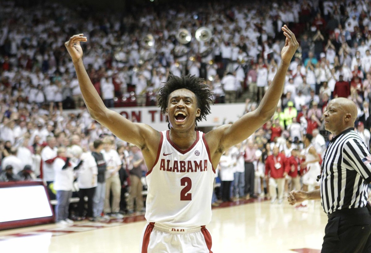 Alabama Crimson Tide guard Collin Sexton (2) reacts after his team defeated Oklahoma Sooners at Coleman Coliseum.