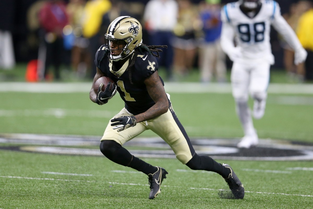 New Orleans Saints wide receiver Marquez Callaway (1) runs after a catch against the Carolina Panthers. Mandatory Credit: Chuck Cook-USA TODAY Sports