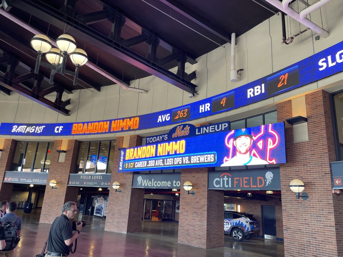 Electronic signage board presenting Mets' daily lineup at Citi Field.