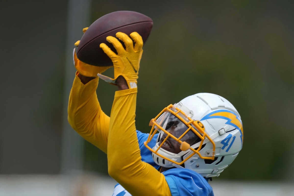Jun 14, 2022; Costa Mesa, California, USA; Los Angeles Chargers safety Raheem Layne (41) catches the ball during minicamp at the Hoag Performance Center. Mandatory Credit: Kirby Lee-USA TODAY Sports