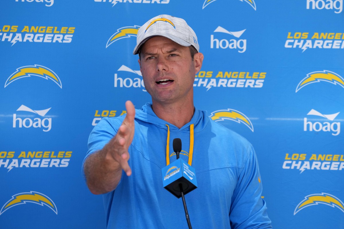 Jun 14, 2022; Costa Mesa, California, USA; Los Angeles Chargers coach Brandon Staley during minicamp press conference at the Hoag Performance Center. Mandatory Credit: Kirby Lee-USA TODAY Sports