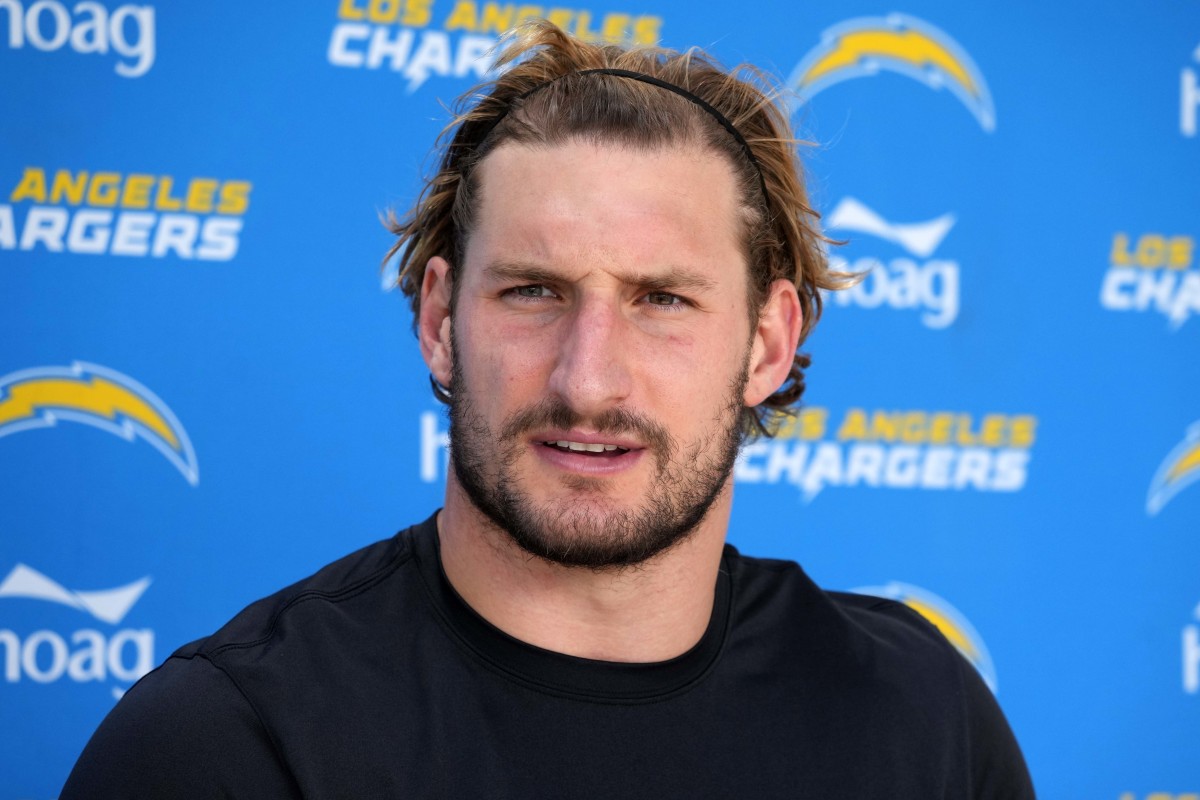 Jun 14, 2022; Costa Mesa, California, USA; Los Angeles Chargers defensive end Joey Bosa (97) during minicamp press conference at the Hoag Performance Center. Mandatory Credit: Kirby Lee-USA TODAY Sports