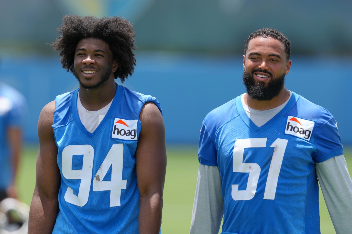 Jun 14, 2022; Costa Mesa, California, USA; Los Angeles Chargers linebackers Chris Rumph II (94) and Emeke Egbule (51) during minicamp at the Hoag Performance Center. Mandatory Credit: Kirby Lee-USA TODAY Sports