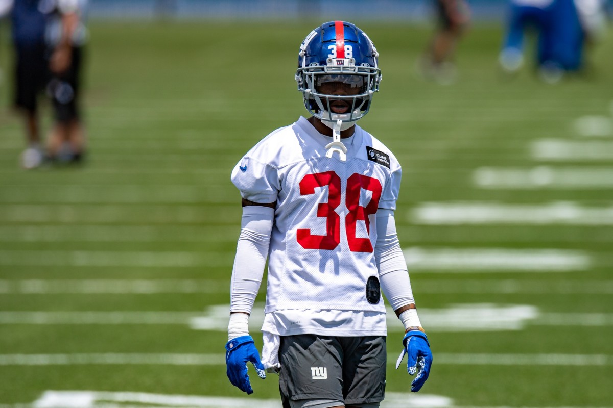 Jun 7, 2022; East Rutherford, New Jersey, USA; New York Giants defensive back Zyon Gilbert (38) participates in a drill during minicamp at MetLife Stadium.