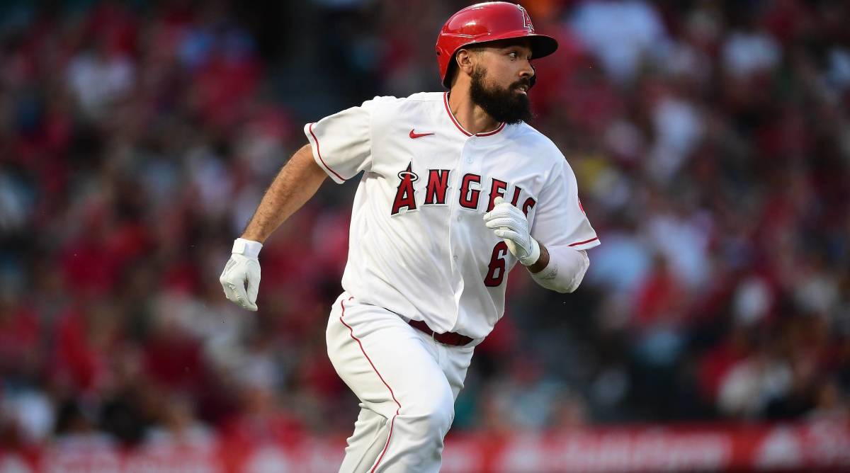 Anthony Rendon runs out a hit for the Los Angeles Angels.