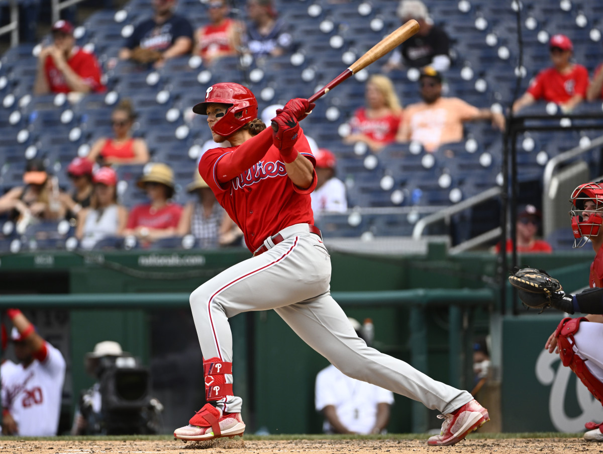 Phillies third baseman Alec Bohm records a base hit against the Nationals on Friday afternoon.