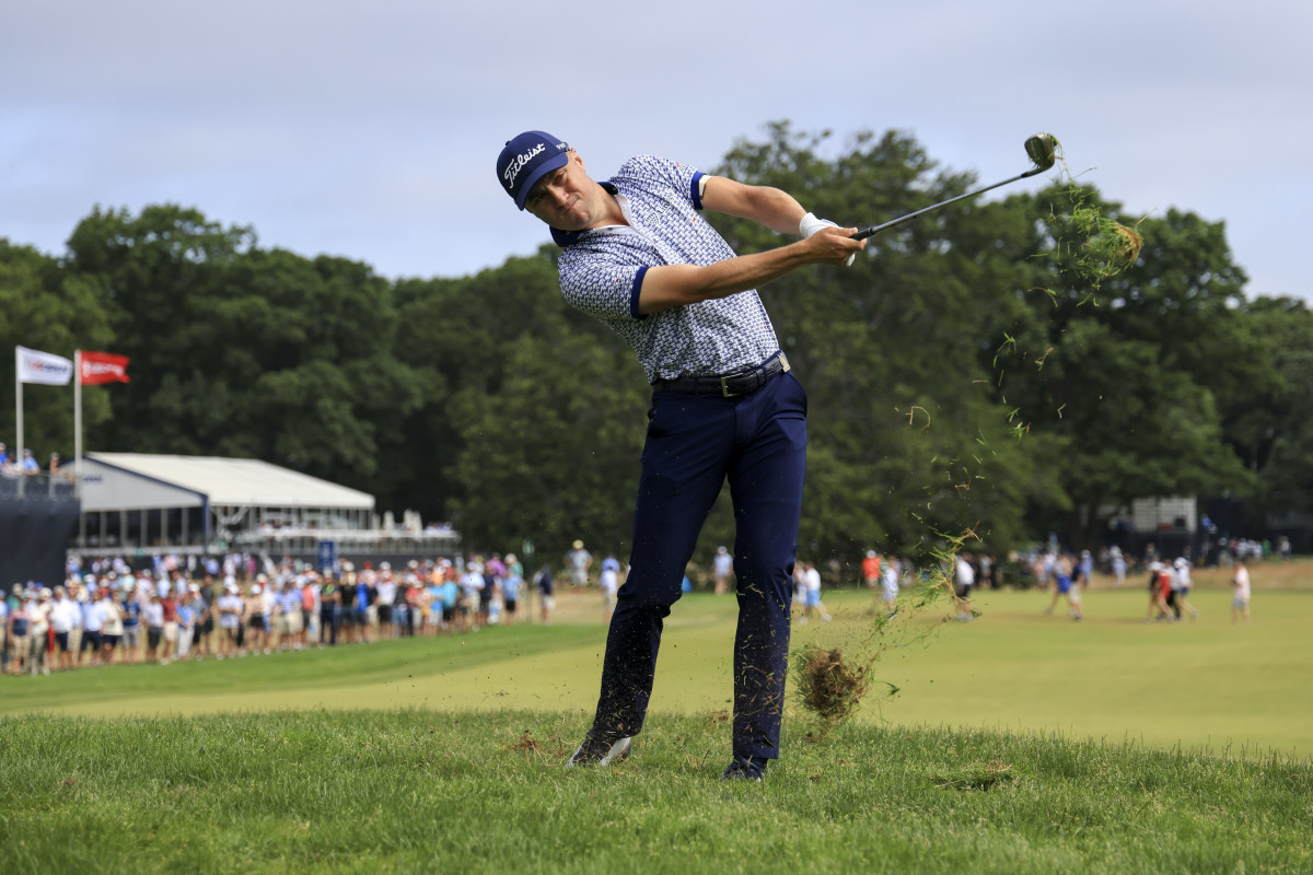 Jun 17, 2022; Brookline, Massachusetts, USA; Justin Thomas plays his shot from the 17th hole during the second round of the U.S. Open golf tournament at The Country Club. Mandatory Credit: Aaron Doster-USA TODAY Sports